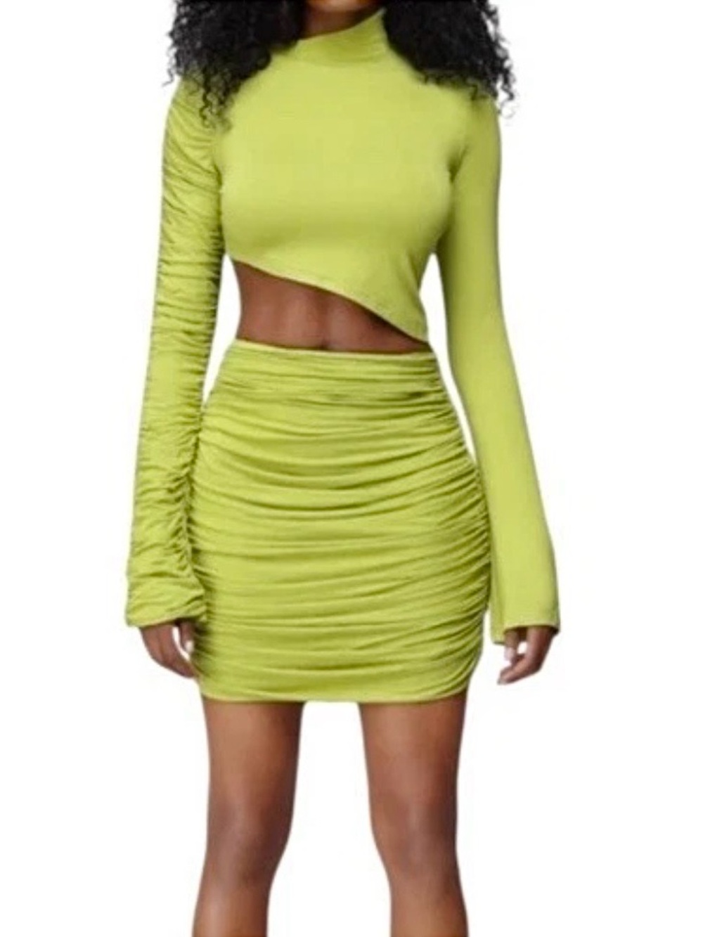 Hanifa Gray Asymmetric Crop Top & Ruched Mini Skirt Set